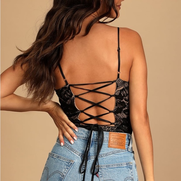 Lulus Flirty Touch Black Lace-Up Lace Bodysuit - Picture 2 of 6
